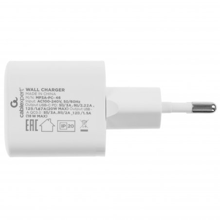 Сетевое зарядное устройство Cablexpert 20Вт, 3А, QC3.0/PD, 1xUSB, 1xType-C, белый, пакет
