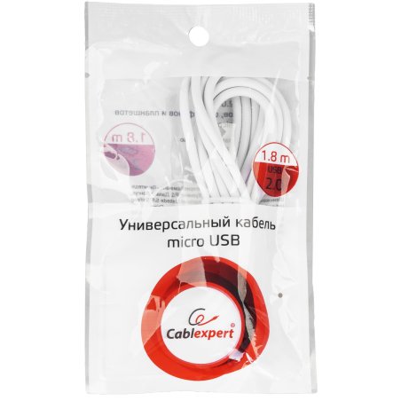 Кабель USB2.0 Pro Cablexpert CC-mUSB2-AMBM-6W, AM/microBM 5P, 1.8м, экран, белый, пакет