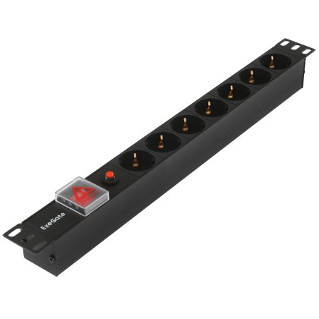 Блок розеток горизонтальный ExeGate ServerPro PDU-19H702 Al-7S-C14-SW-O, 19", 1U, Алюминий, 7 Schuko, С14, защита от перегрузки, черный