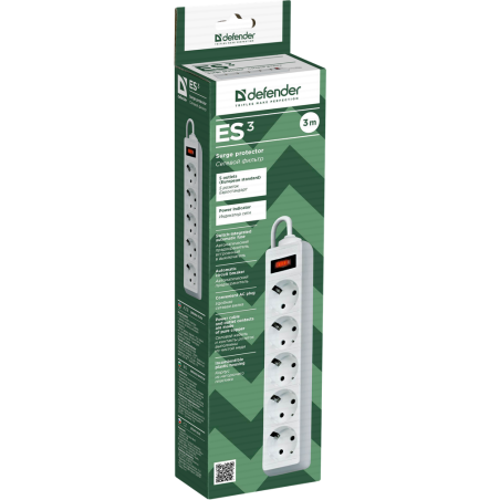 Сетевой фильтр Defender ES, 3.0м, 5 розеток белый