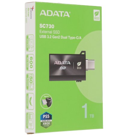 Внешний SSD ADATA SC730, 1TB, USB 3.2 Gen 2 Type-A/Type-C, R/W 600/600, черный