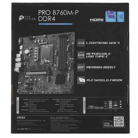 Материнская плата MSI PRO B760M-P DDR4, LGA 1700, Intel B760, 4xDDR4, 4xSATA, 2xM.2, 1xPCIe 4.0 x16, 2xPCIe 3.0 x1, 1xHDMI, 1xDP, 1xVGA, 1x1Gb LAN, 4xUSB-A 2.0, 1xUSB-A 3.2 Gen 1, 1xUSB-C 3.2 Gen 2, 3x3.5 мм, 7.1, mATX