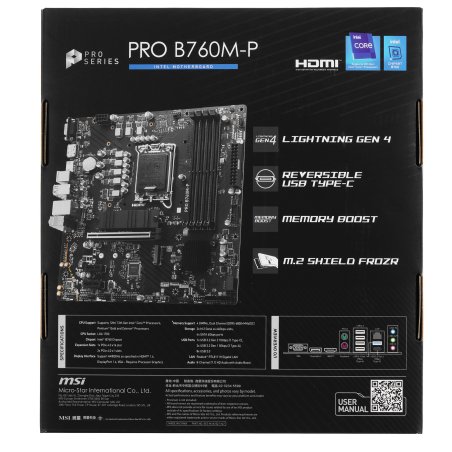 Материнская плата MSI PRO B760M-P DDR4, LGA 1700, Intel B760, 4xDDR4, 4xSATA, 2xM.2, 1xPCIe 4.0 x16, 2xPCIe 3.0 x1, 1xHDMI, 1xDP, 1xVGA, 1x1Gb LAN, 4xUSB-A 2.0, 1xUSB-A 3.2 Gen 1, 1xUSB-C 3.2 Gen 2, 3x3.5 мм, 7.1, mATX