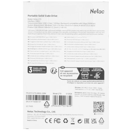 Внешний SSD Netac Z7S, 960 Gb, USB 3.2 Gen 2 Type-C, R/W 550/480, черный