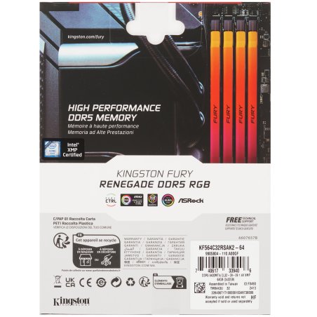 Оперативная память Kingston Fury Renegade, DDR5, 64GB (2x32 GB), 6400 MHz, CL32, DIMM, радиатор, RGB, серебристый/черный