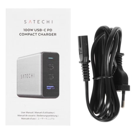 Сетевое зарядное устройство Satechi Compact Charger с технологией GaN Power. Порты: USB Type-C 100 Вт х 2, USB Type-A до12 Вт. серый космос. Satechi Compact GaN Charger 100W Type-C PD - Space Gray