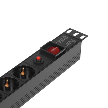 Блок розеток горизонтальный ExeGate ServerPro PDU-19H605 Al-6S-C14-SW-O, 19", 1U, Алюминий, 6 Schuko, С14, выкл. с подсветкой, защита от перегрузки, черный