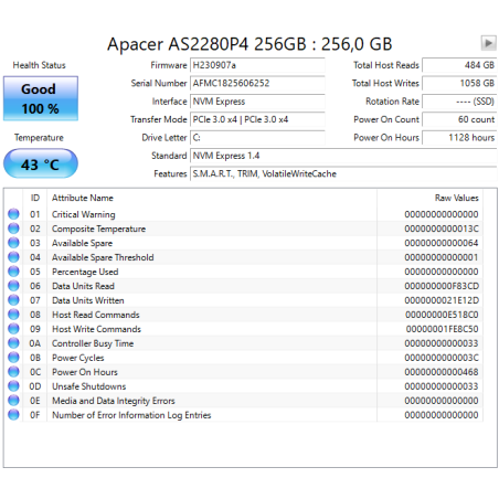 Накопитель SSD Apacer 1Tb, M.2 2280 AS2280P4X, PCIe 3.0 x4, NVMe, R/W 2100/1700