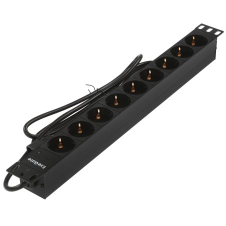 Блок розеток горизонтальный ExeGate ServerPro PDU-19H906 Al-9S-C14-2.5, 19", 1U, Алюминий, 9 Schuko, кабель с вилкой C14 VDE-250V-10A-3*1.5мм2, 2.5 метра, черный