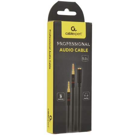 Кабель аудио Cablexpert CCAB-02-35F2M-0.2MB. 3.5 Jack 4pin(F)/2х 3.5 Jack(M) наушники и микрофон, черный, 0.2м, блистер