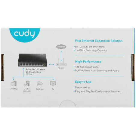 Коммутатор 8-Port 10/100 Mbps Desktop Switch, 8 10/100M RJ45 Ports, Loop Detection, Metal Case, Power Saving, Plug & Play