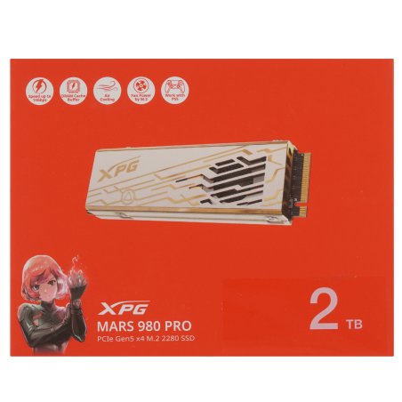 Накопитель SSD ADATA XPG MARS 980 PRO, 2000Gb, M.2(22x80мм), NVMe, PCIe 5.0 x4, 3D NAND, R/W 14000/13000Mb/s, IOPs 2 000 000/1 650 000, TbW 1480, DWPD 0.4, with Heat Sink (5 лет)