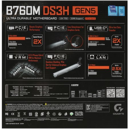 Материнская плата Gigabyte B760M DS3H GEN5 Soc-1700 Intel B760 4xDDR5 mATX AC`97 8ch(7.1) 2.5Gg RAID+VGA+HDMI+DP