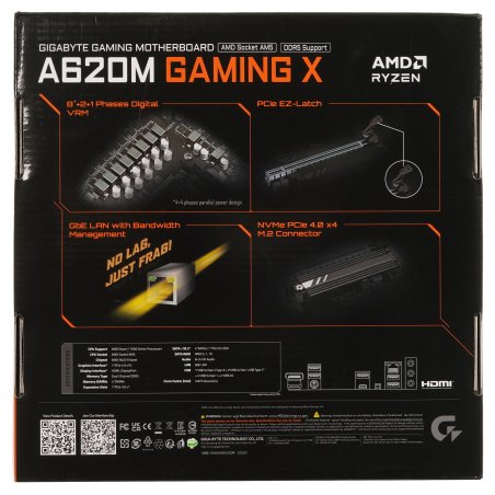 Материнская плата Gigabyte A620M GAMING X, Micro-ATX, AM5, AMD A620, 4xDDR5, 4xSATA, 1xM.2, 1xPCI-E 4.0 x16, 1xPCI-E x1, 1xHDMI, 1xDP, 1x 1Gb LAN, 1xUSB 3.2 Gen 2, 2xUSB 2.0, 2xUSB 3.2 Gen 1, 3x3.5мм, 7.1, ATX