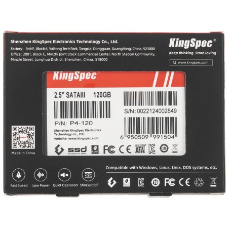 Накопитель SSD KingSpec P4-120, 120Gb, SATA III, 2.5", R/W 500/500