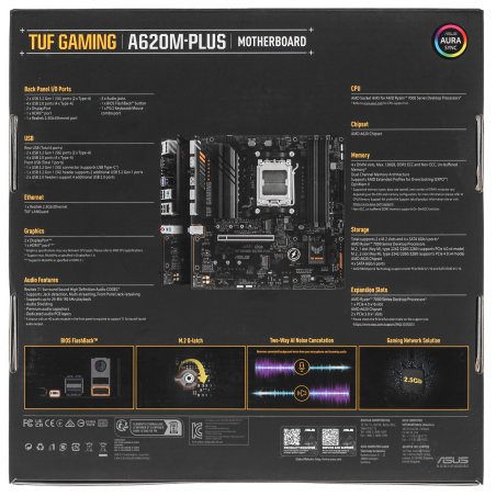 Материнская плата ASUS TUF GAMING A620M-PLUS, AM5, AMD A620, 4xDDR5, 4xSATA, 2xM.2, 1xPCI-E 4.0 x16, 2xPCI-E x1, 2xDP, 1xHDMI, 1x 2.5Gb LAN, 2xUSB-A 3.2 Gen 1, 4xUSB-A 2.0, 3x3.5 мм, 7.1, Micro-ATX