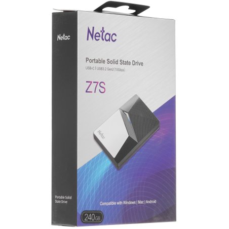 Внешний SSD Netac Z7S, 240 Gb, USB 3.2 Gen 2 Type-C, R/W 550/480, черный