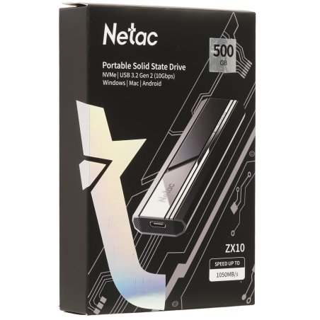 Внешний SSD Netac ZX10, 500 Gb, USB 3.2 Gen 2 Type-C, R/W 1050/1050, черный