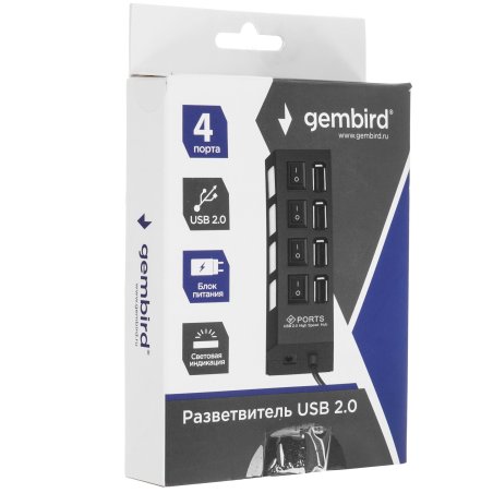 Разветвитель USB2.0 Gembird 4xUSB, блок питания 2А, подсветка и выкл, кабель USB 55см, черный (UHB-U2P4-02A)
