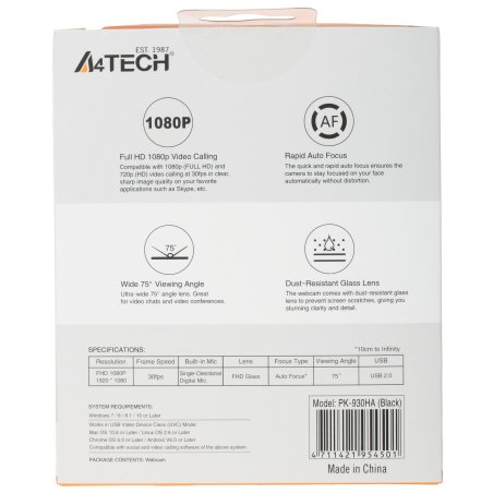 Веб-камера A4Tech PK-930HA черный 2Mpix (1920x1080) USB2.0 с микрофоном