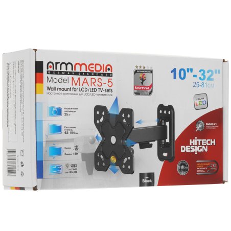 Кронштейн Arm media MARS-5 черный, 15 шт/уп. Кр. стал. настенный для TV 10"-32", max 25 кг, 4 ст св., нак. +5°-15°, пов. ±90° от ст. 62-194 мм. max VESA 100x100 мм.