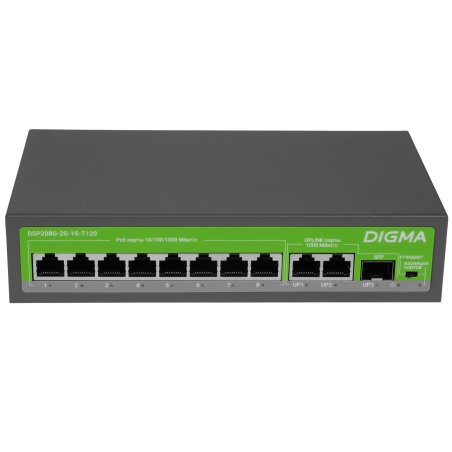 Коммутатор Digma DSP208G-2G-1S-T120 (L2) 10x1Gbит/с 1SFP 8PoE 8PoE+ 120W неуправляемый