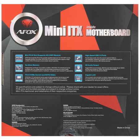 Материнская плата AFOX AFH510-MI, Socket 1200, Intel H510, 2xDDR4, 2xSATA, 1xM.2, 1xHDMI, 1xVGA, 1x 1Gb LAN, 2xUSB-A 3.0, 2xUSB-A 2.0, 2x3.5 мм, 5.1, Mini-ITX