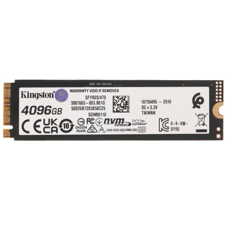 Накопитель SSD Kingston Fury Renegade, 4096Gb, M.2(22x80мм), NVMe, PCIe 5.0 x4, 3D TLC, R/W 14800/14000MB/s, IOPs 2 200 000/2 200 000, TbW 4000, DWPD 0.5 (12 мес)