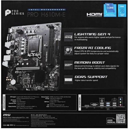 Материнская плата MSI PRO H610M-E DDR4, LGA 1700, Intel H610, 2xDDR4, 4xSATA, 1xM.2, 1xPCIe 4.0 x16, 1xPCIe 4.0 x1, 1xHDMI, 1xVGA, 1xRJ45 1Gb, 2xUSB-A 3.2 Gen 1, 4xUSB-A 2.0, 3x3.5мм, 7.1, mATX