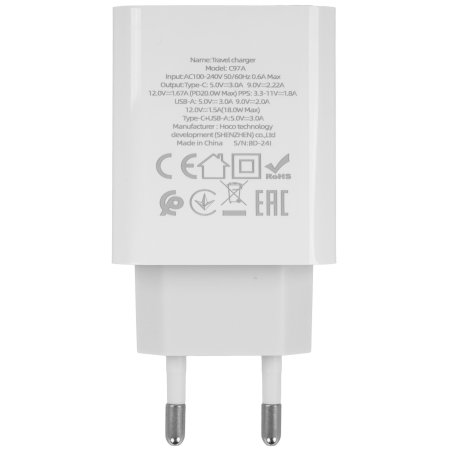 Сетевое зарядное устройство HOCO HC-66076 C97A/ PD + QC 3.0/ 2 USB: Type-A + Type-C/ Выход: 5V_9V_12V, 20W/ белый