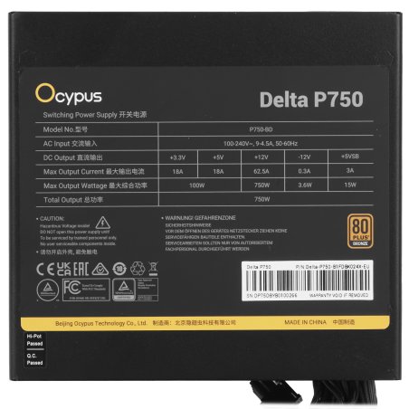 Блок питания 750W Ocypus Delta P750 (ATX, 80 PLUS Bronze, APFC, 20+4 pin, 120мм fan, PCI-E 6+2Px3, 8xSATA) (Delta-P750-B1FDBK024X-EU)