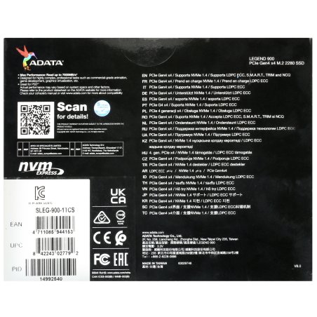 Накопитель SSD ADATA LEGEND 900, 1Tb, PCIe 4.0 x4, M.2 2280, NVMe, R/W 7000/4700, с радиатором