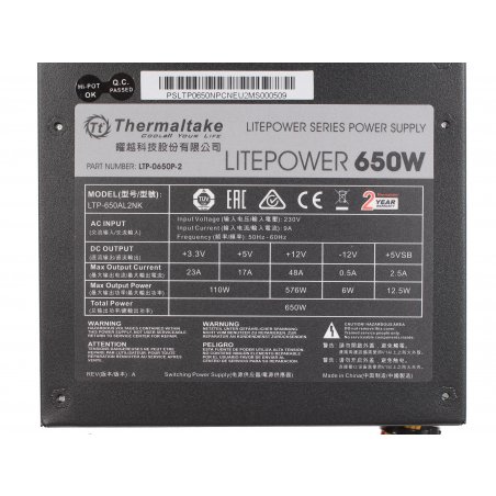 Блок питания Thermaltake Litepower (PS-LTP-0650NPCNEU-2), 650Вт, 120мм, черный