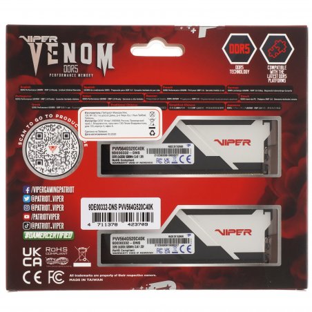 Оперативная память Patriot Viper Venom, DDR5, 64GB (2x32GB), 5200MHz, CL40, DIMM, с радиаторами, черный