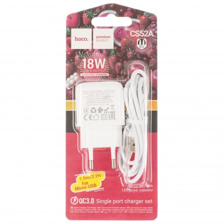 Сетевое зарядное устройство HOCO (6942007631457) CS52A 1USB 3.0A QC3.0 18W, белый
