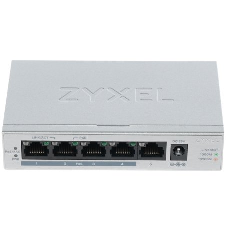 Коммутатор Zyxel GS1005HP Switch PoE +, 5xGE (4xPoE +), desktop, metal, silent, PoE budget 60 W