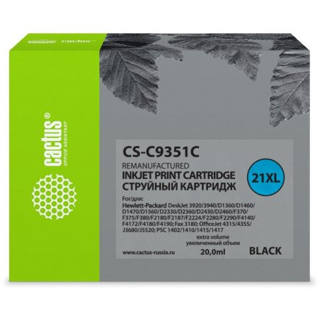 Картридж струйный Cactus CS-C9351C №21XL черный (20 мл) для HP DJ 3920/3940/D1360/D1460/D1470/D1560/D2330/D2360
