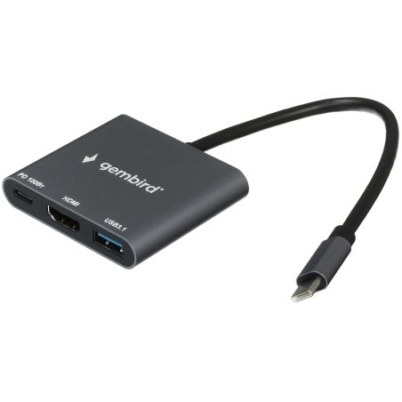 Док-станция Type-C Gembird UHB-D1, 5в1: 3хUSB3.1, Type-C PD100W, HDMI, кабель 17см, алюминий