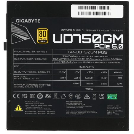 Блок питания GIGABYTE UD750GM PG5 ICE, 750Вт, 80+ Gold, 120мм, модульный, черный