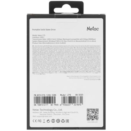 Внешний SSD Netac Z7S, 120 Gb, USB 3.2 Gen 2 Type-C, R/W 550/480, черный