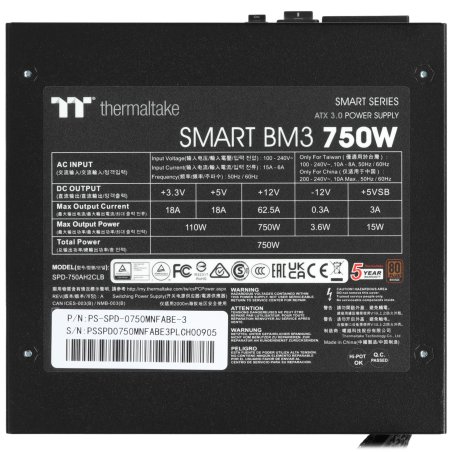 Блок питания Thermaltake Smart BM3 (PS-SPD-0750MNFABE-3), 750Вт, 80 PLUS Bronze, 120мм, модульный, черный