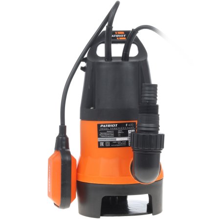 Насос дренажный PATRIOT F 400 (NEW) 315302405 Мощн. - 400 Вт, напр. - 220 В, макс.производит. - 8000 л/час, макс. глуб. погруж. - 5 м., макс. выс.подъема- 5 м., корпус - пластик.