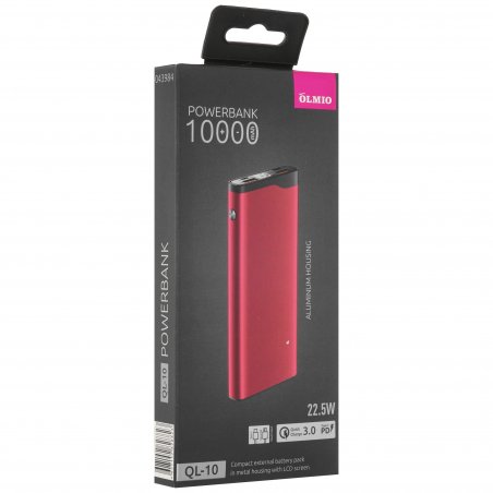Портативный аккумулятор OLMIO QL-10, 10000mAh, 22.5W, QuickCharge3.0/PowerDelivery, LCD, красный,