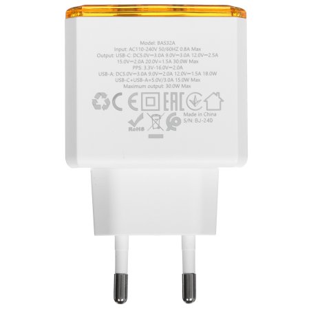 Сетевое зарядное устройство BOROFONE (6941991110696) BAS32A 1USB+1Type-C 3.0A QC3.0 PD 30W, белый