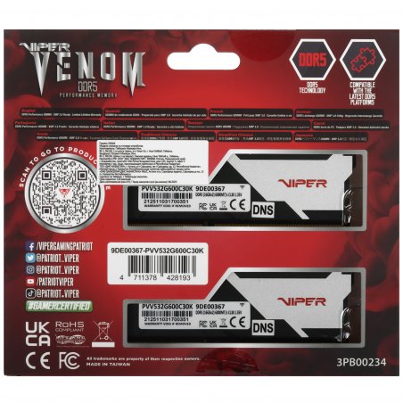 Оперативная память Patriot Viper Venom, DDR5, 32Gb (2x16Gb), 6000MHz, CL30, DIMM, с радиаторами, серый/черный