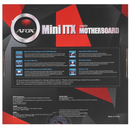 Материнская плата AFOX AFMIQ670D4-MI4-V2, LGA 1700, Intel Q670, 2xDDR4L, 2xSATA, 1xM.2, 1xHDMI, 1xDP, 1x 1Gb LAN, 3xUSB-A 3.2 Gen 2, 1xUSB-C 3.2 Gen 2, 2x3.5 мм, 7.1, Mini-ITX