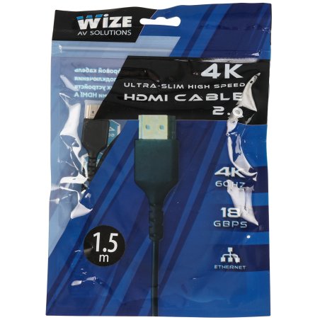 Кабель HDMI Wize WAVC-HDMIUS-1.5M 1.5 м, v.2.0, 19M/19M, 4K/60 Hz 4:4:4, 36 AWG, HDCP 2.2,ультратонкий, позол.разъемы, черный, пакет