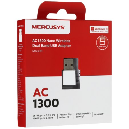 Mercusys MA30N Сверхкомпактный двухдиапазонный USB-адаптер Wi-Fi AC1300
