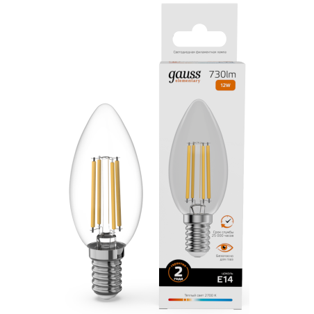 Лампа светодиодная филаментная Gauss Filament 12Вт цок.:E14 свеча св.свеч.бел.теп. (упак.:10шт)