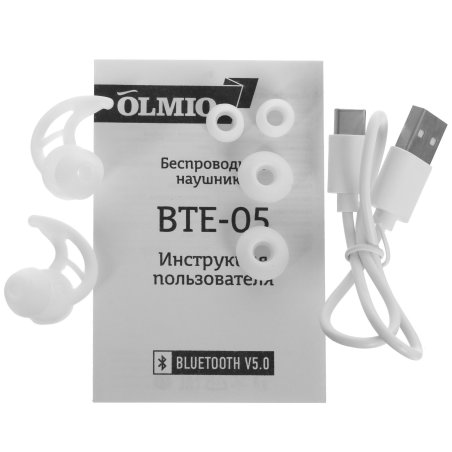 Беспроводные внутриканальные наушники OLMIO BTE-05, Bluetooth, белые